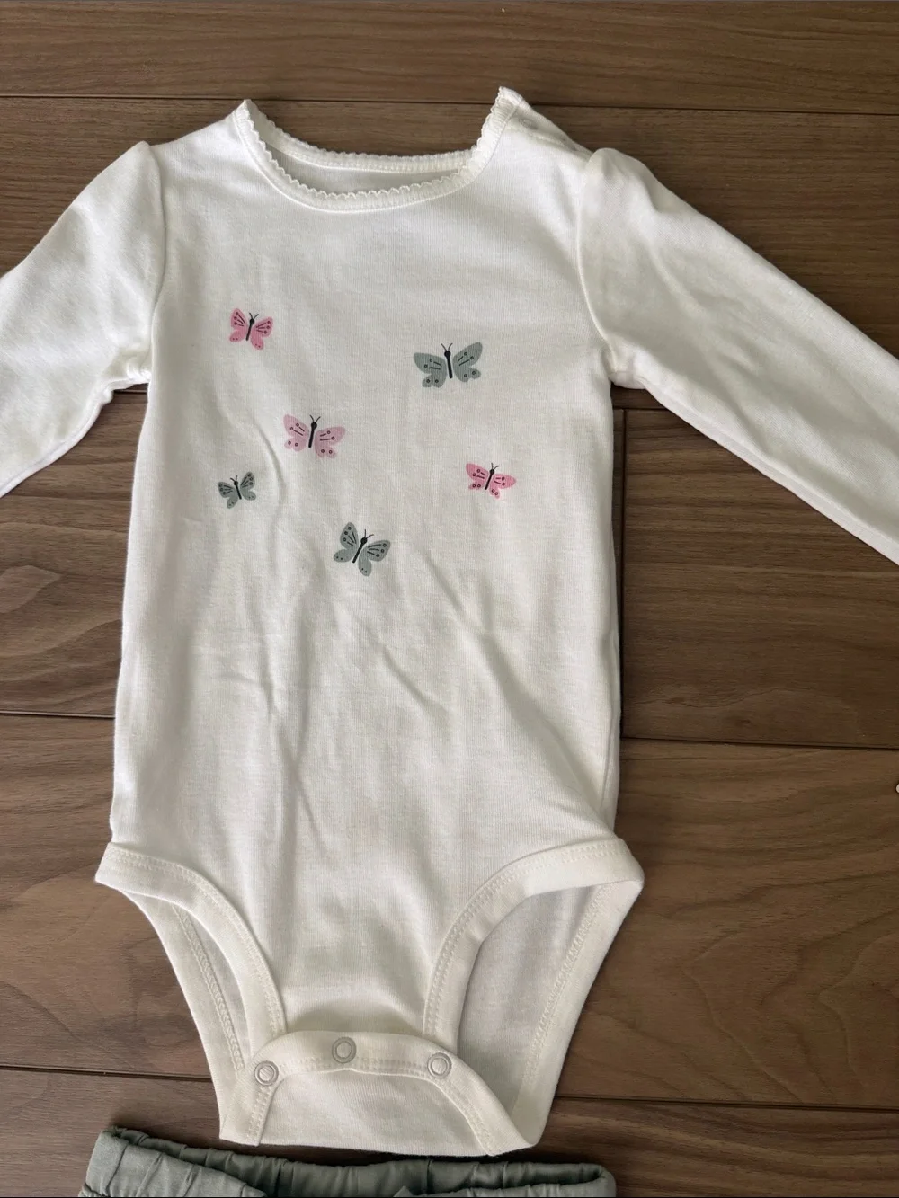 Girls' White Butterfly Bodysuit and Sage Green Jogger Pants Set